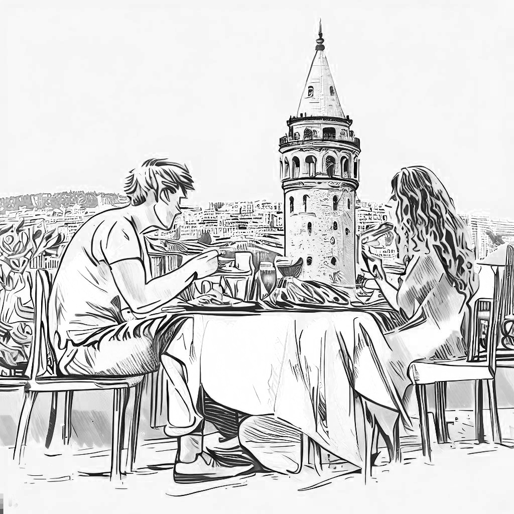 Couple dining with Galata Tower